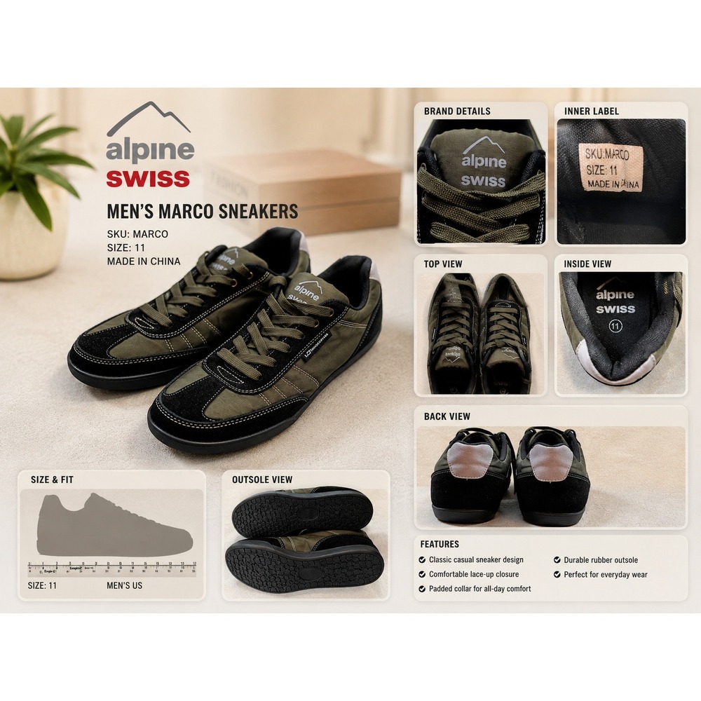 Alpine Swiss Marco Mens Sneakers Size 11 Olive Green Black Low Top Lace Up Shoes